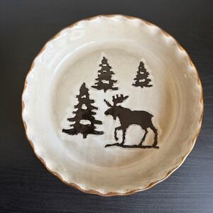 Woodland Collection Moose Pine Tree Ceramic Pie Dish 10.5"  Scalloped Brown Tan